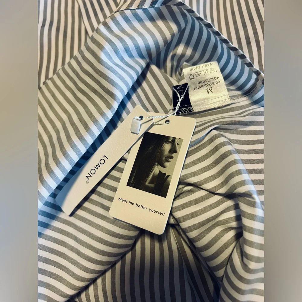 New Lomon collared blouse 3/4 sleeve grey white stripe M - Picture 7 of 8